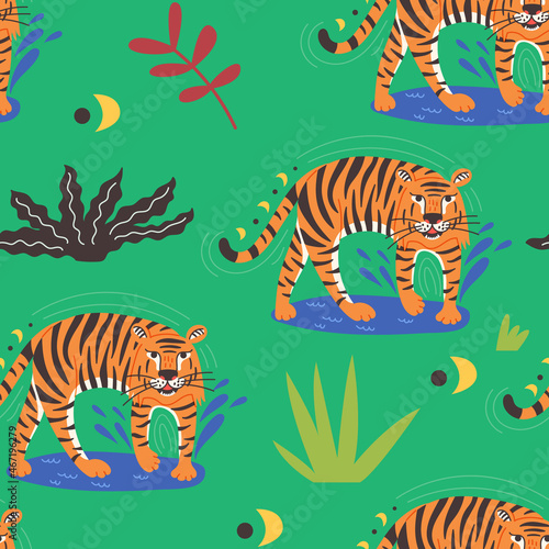 Seamless Tropical Tiger Water Pattern. Wild Cat predator orange and black vector modern flat style background