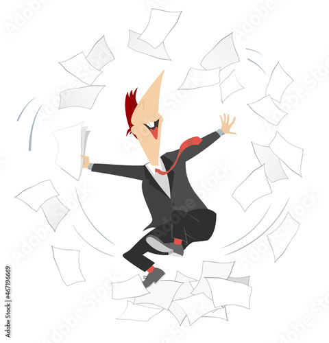 Happy businessman tossing papers and exciting about something illustration.  Smiling person glad to success or the end of work and throws up to the air papers and documents isolated on white