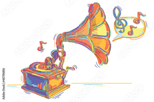 Colorful drawn vintage musical gramophone and notes 
