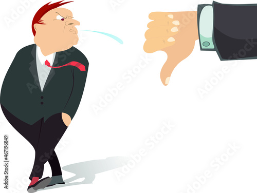 Indignant man spitting to dislikes and negative feedback concept illustration. 
Angry man shows indignation spitting to hand with thumb down isolated on white
