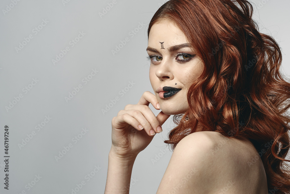 red-haired woman with bare shoulders bright makeup base zodiac sign horoscope red-haired woman with bare shoulders bright makeup base zodiac sign horoscope