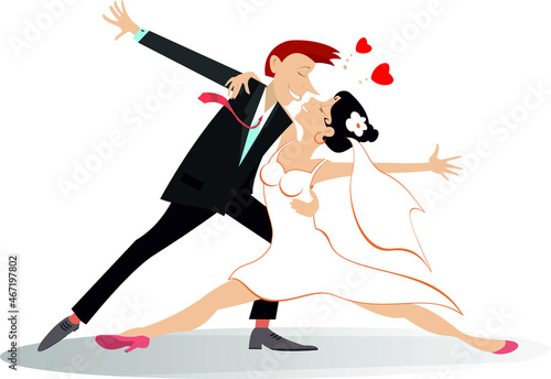 Dancing married wedding couple illustration. 
Heart symbol and dancing happy man and woman in the white dress and wedding veil isolated on white
