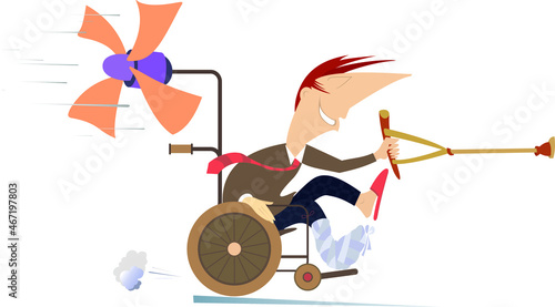 Cartoon man with bandages on the hand and leg holds crutch sits in the wheelchair and tries to ride faster using an airscrew isolated on white background illustration photo