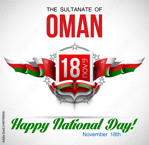 Sultanate of Oman Happy National Day banner. Illustration greeting card of November 18th 2021. Sultanate of Oman logo with shield, laurel wreath, National flag and emblem, isolated on white background