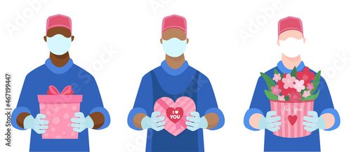 Vector illustration delivery guy in masks with flowers, candy.