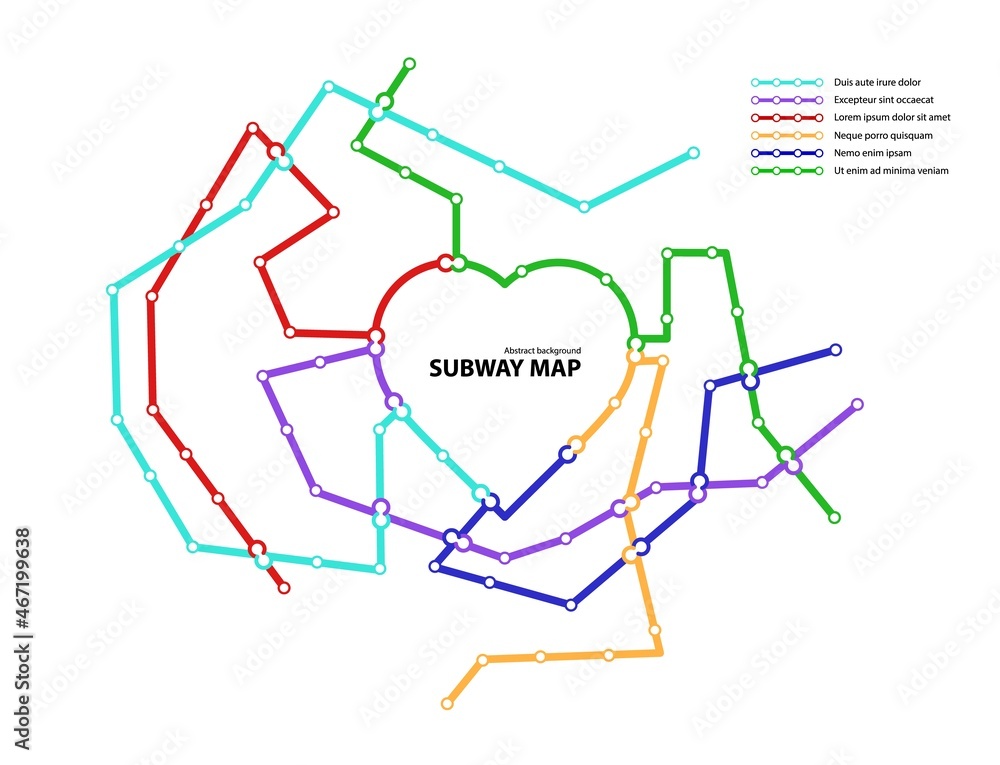 Obraz premium Subway map. Template of fictional town public transport scheme for underground transition road. Metro or bus abstract traffic pattern with circular heart shape color routes. Vector card illustration