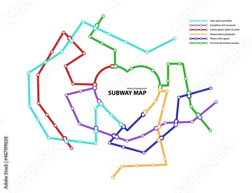 Subway map. Template of fictional town public transport scheme for underground transition road. Metro or bus abstract traffic pattern with circular heart shape color routes. Vector card illustration