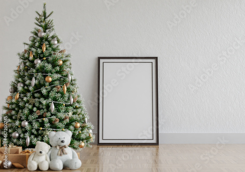3D mockup photo frame with christmas tree  in living room
