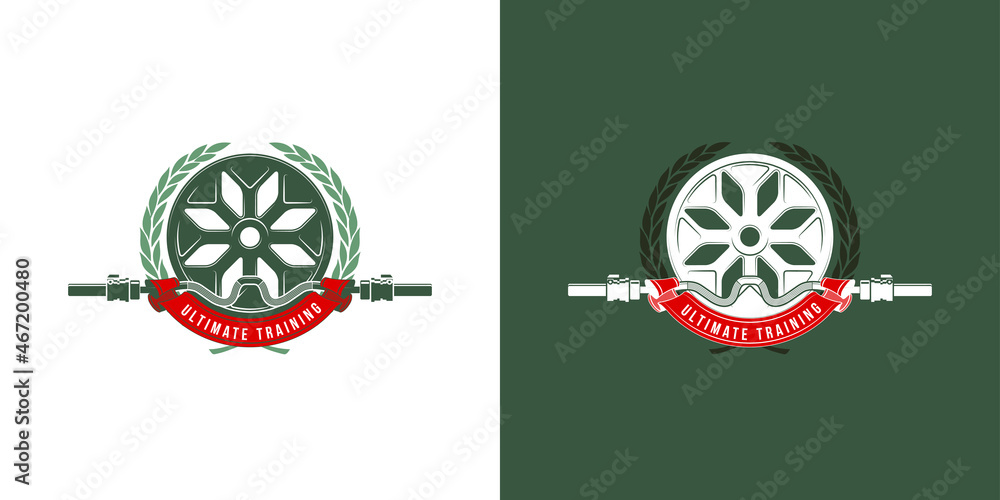 logo athletic club for bodybuilding, powerlifting, weightlifting, crossfit and fitness training. Barbell club logo vintage design isolated on background. Emblem for gym and heavy training of strongman logo athletic club for bodybuilding, powerlifting, weightlifting, crossfit and fitness training. Barbell club logo vintage design isolated on background. Emblem for gym and heavy training of strongman