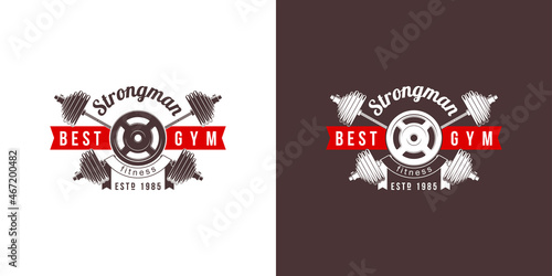 logo athletic club for bodybuilding  powerlifting  weightlifting  crossfit and fitness training. Barbell club logo vintage design isolated on background. Emblem for gym and heavy training of strongman
