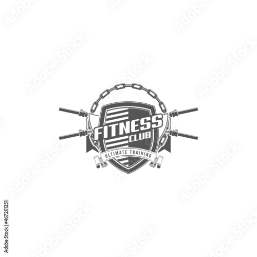 logo athletic club for bodybuilding, powerlifting, weightlifting, crossfit and fitness training. Barbell club logo vintage design isolated on background. Emblem for gym and heavy training of strongman