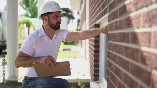 man with a white hard hat holding a clipboard, inspect house