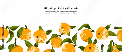 Christmas banner with fresh citrus fruit: mandarin, tangerine, orange, clementine. Winter or summer decoration. Xmas mood. Xmas and New 2022 Year. Vector flat cartoon illustration