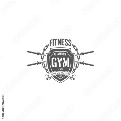 logo athletic club for bodybuilding, powerlifting, weightlifting, crossfit and fitness training. Barbell club logo vintage design isolated on background. Emblem for gym and heavy training of strongman
