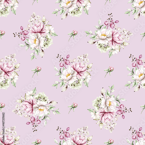 Fototapeta Naklejka Na Ścianę i Meble -  Seamless background, floral pattern with watercolor flowers pink and burgundy roses. Repeat fabric wallpaper print texture. Perfectly for wrapped paper, backdrop.