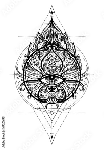 Lotus, Eye, Sacred Geometry. Ayurveda symbol of harmony and balance, and universe. Tattoo flesh design, yoga logo. Boho print, poster, t-shirt textile. Anti stress book. Isolated vector illustration..