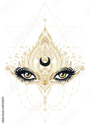 Vector ornamental Lotus flower, all-seeing eye, patterned Indian paisley. Han...