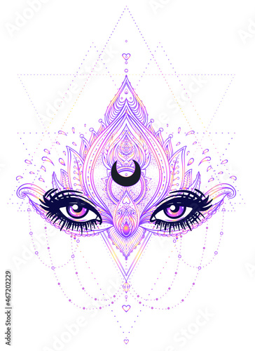 Vector ornamental Lotus flower, all-seeing eye, patterned Indian paisley. Han...