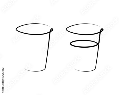 Vodka wineglass empty and with a beverage on white background. Graphic arts sketch design. Black one line drawing style. Hand drawn image. Alcohol drink concept for restaurant, cafe, party. Freehand