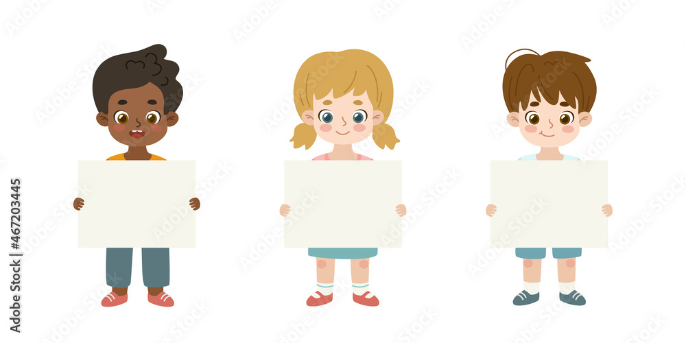 Happy little children holding empty banner. Cartoon kids show blank paper sheet. Happy little children holding empty banner. Cartoon kids show blank paper sheet.