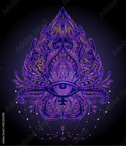 Vector ornamental Lotus flower, ethnic art, patterned Indian paisley. Hand dr...