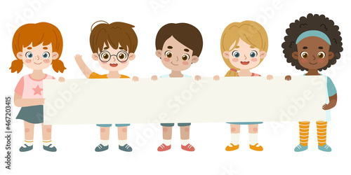 Children standing and holding long empty banner together. Cute cartoon kids hold blank paper placard.