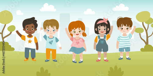 Happy little cartoon children stand in the park and wave their hand. Group of friendly kids on a walk.