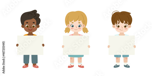 Happy little children holding empty banner. Cartoon kids show blank paper sheet.