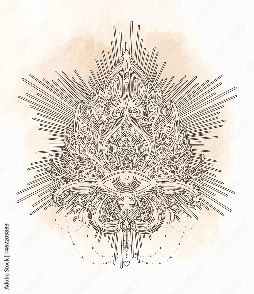 Vector ornamental Lotus flower, all-seeing eye, patterned Indian paisley. Hand drawn illustration. Invitation element. Tattoo, astrology, alchemy, boho and magic symbol. Coloring book for adults.