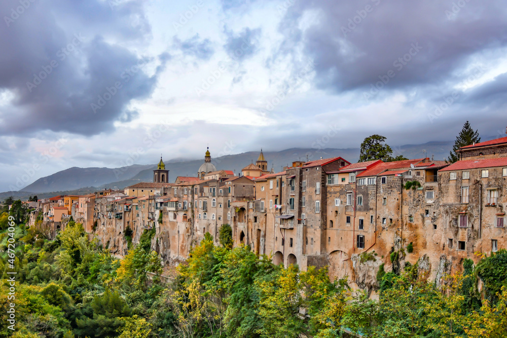 Panoramic  view of Sant'Agata de 'Goti, a medieval town of Campania, Italy.