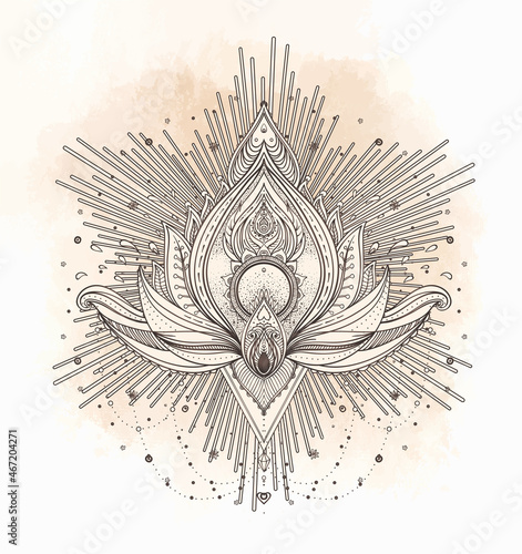 Vector ornamental Lotus flower, ethnic art, patterned Indian paisley. Hand dr...