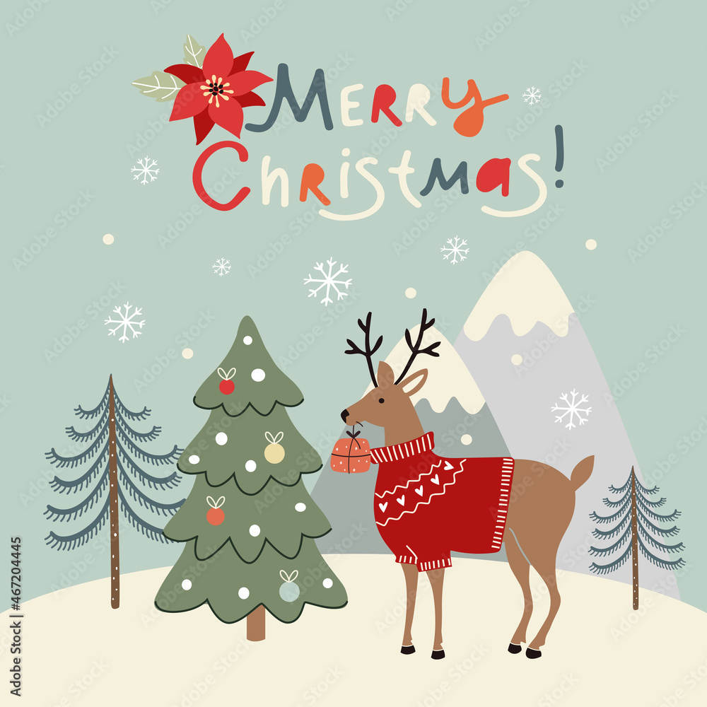 cute christmas deer with a gift on the background of winter nature, vector illustration