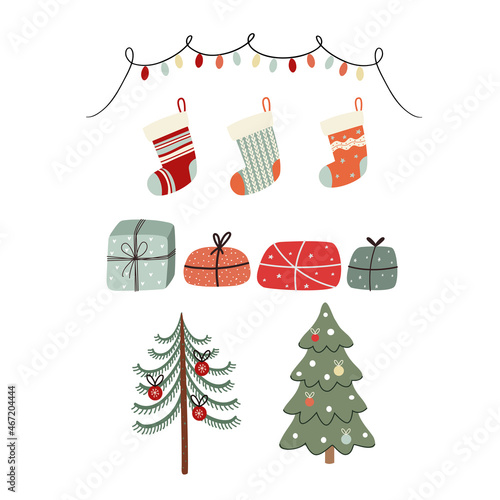 vector set of design elements for christmas holidays, gifts and plants in flat style	