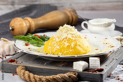 Mamaliaga or polenta, a traditional dish of Moldovan, Romanian, Hungarian and Ukrainian cuisine.