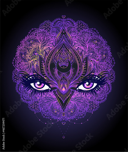 Vector ornamental Lotus flower, all-seeing eye, patterned Indian paisley. Han...