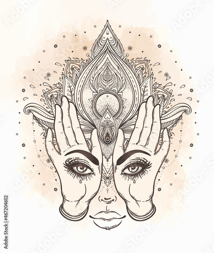 Vector ornamental Lotus flower, all-seeing eye, patterned Indian paisley. Hand drawn illustration. Invitation element. Tattoo, astrology, alchemy, boho and magic symbol. Coloring book for adults.