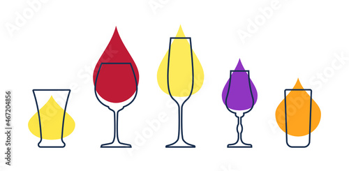 Set glasses with tequila, red wine, champagne and whiskey. Shot glass drinks. Template alcohol beverage for restaurant, bar. Symbol party. Different drinks. Isolated flat illustration on white.