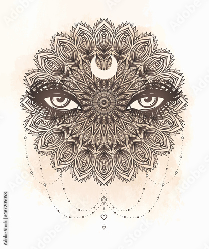 Vector ornamental Lotus flower, all-seeing eye, patterned Indian paisley. Han...