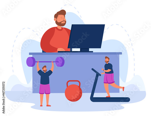 Businessman working and doing exercise flat vector illustration..Young man doing his job and keeping fit at home or office. Modern office space, healthy lifestyle concept