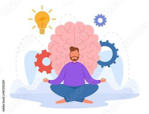 Relaxed man meditating in yoga pose flat vector illustration. .Spiritual body training with mentally healthy brain in background..Mindfulness, life balance, spirituality, healthy lifestyle concept
