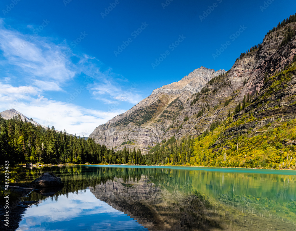 Mountains Reflecting On The Clear Water of Avalanche Lake, Glacier National Park, Montana, USA