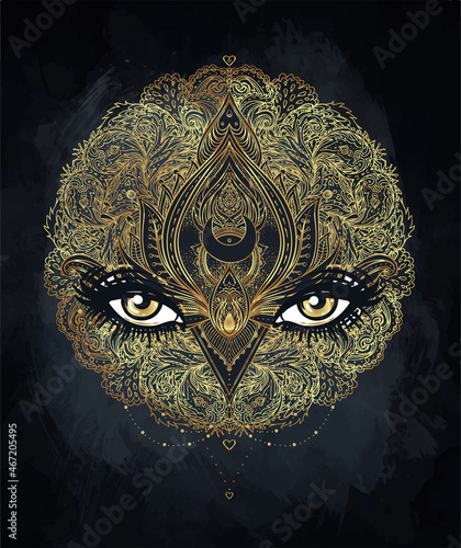 Vector ornamental Lotus flower, all-seeing eye, patterned Indian paisley. Han...