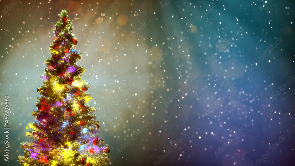 beautified new year tree on colorful backdrop with empty space , abstract 3D illustration beautified new year tree on colorful backdrop with empty space , abstract 3D illustration