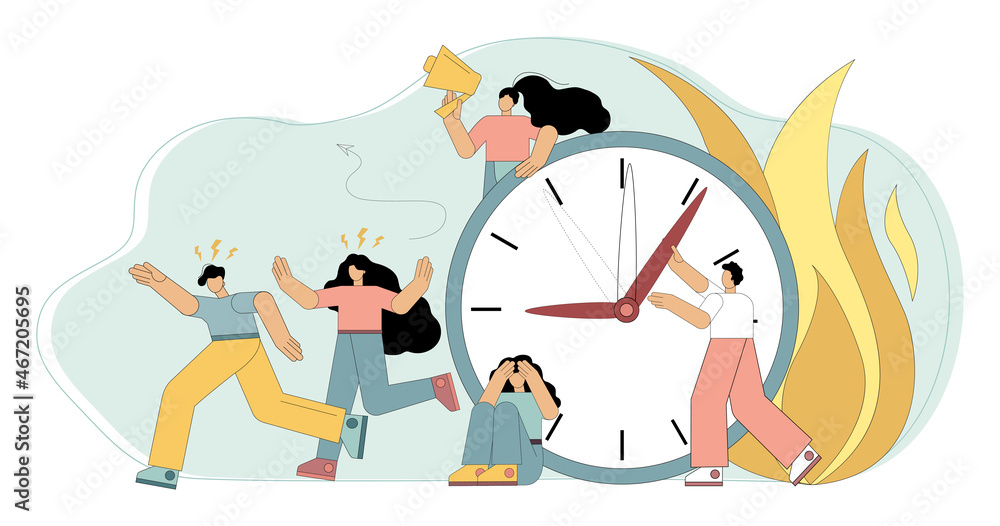 Failed deadline. Time is over. The deadlines have been disrupted. People are in a hurry to fulfill the contract. Vector flat illustration. Failed deadline. Time is over. The deadlines have been disrupted. People are in a hurry to fulfill the contract. Vector flat illustration.