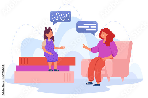 Speech language pathologist flat vector illustration. Happy female specialist helping girl overcome articulation problems. Basic language skills, speech therapy, medicine concept