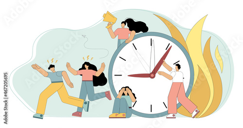 Failed deadline. Time is over. The deadlines have been disrupted. People are in a hurry to fulfill the contract. Vector flat illustration.