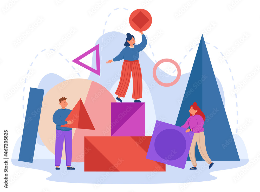 People arranging abstract geometric shapes flat vector illustration. Young team of women and man holding circle, square, triangle. Concept of organization, management and arrangement People arranging abstract geometric shapes flat vector illustration. Young team of women and man holding circle, square, triangle. Concept of organization, management and arrangement