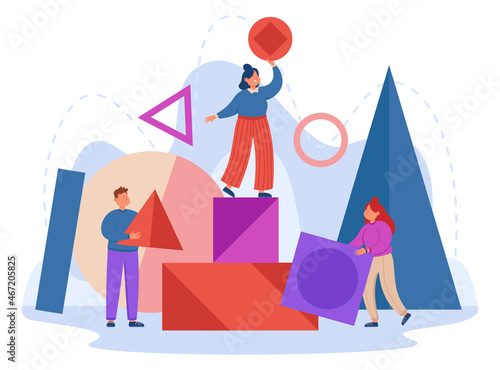 People arranging abstract geometric shapes flat vector illustration. Young team of women and man holding circle, square, triangle. Concept of organization, management and arrangement