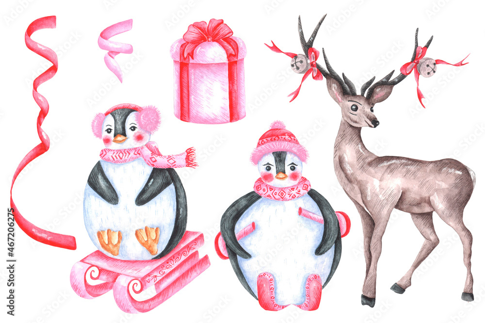 Naklejka premium Christmas cute animals watercolor illustration set. Winter sport. Penguins on skis, sledges. Christmas deer. Gift box. Ribbons. Pink color. Illustrations are isolated. For printing on cards, stickers.
