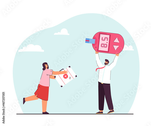 Doctor with first aid kit running towards patient with diabetes. Man holding glucose meter flat vector illustration. Medicine, health concept for banner, website design or landing web page